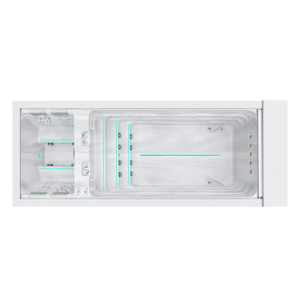 Modern vitvar PassionSpa Balance Swim Spa med integrerade säten och turkos belysning